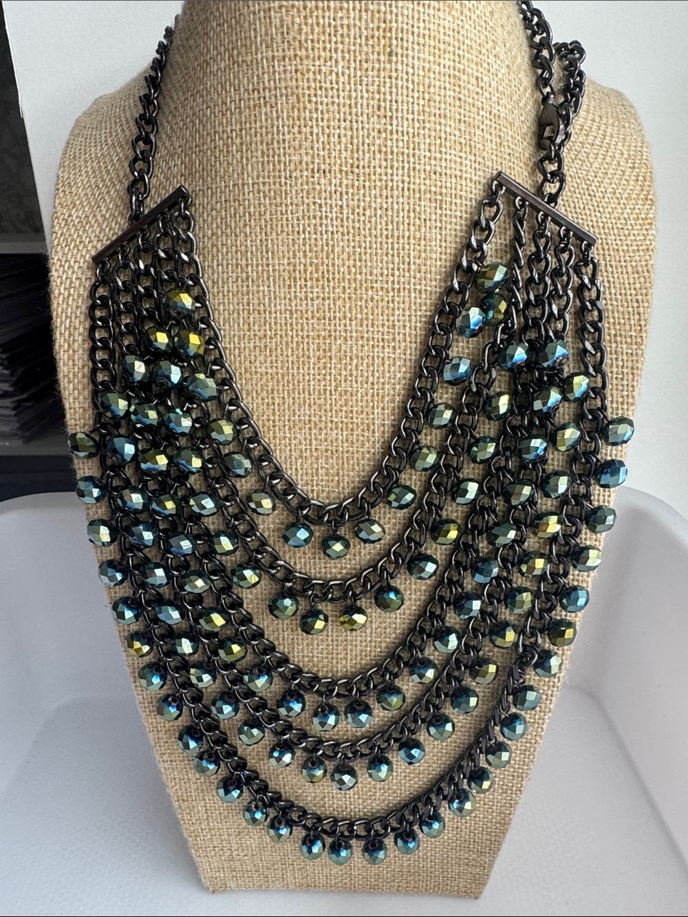 Statement Multi-Strand Iridescent Blue-Green Beaded Necklace
